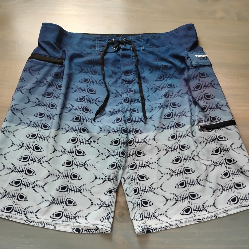 Tormenter Board Shorts Mens 38 Blue White Skeleton Fish Swim Trunks Tie Waist